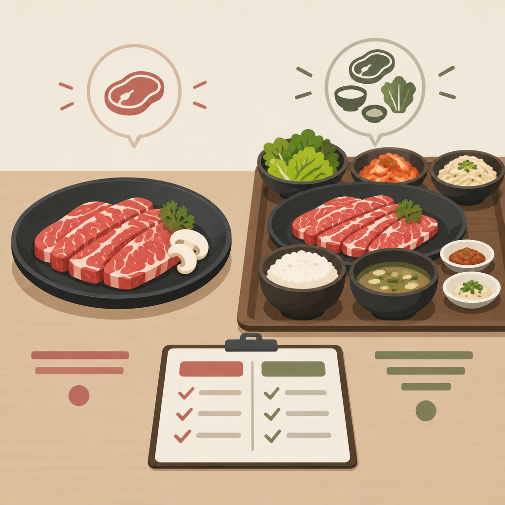 AI 생성 설명 이미지: 안산일동맛집 유니드정육식당 | 단품과 세트 메뉴를 같은 기준으로 비교하는 법